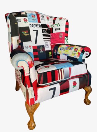 Made to Order Wing Back Rugby Chair – Bespoke Upholstery from Your Own Rugby Shirts